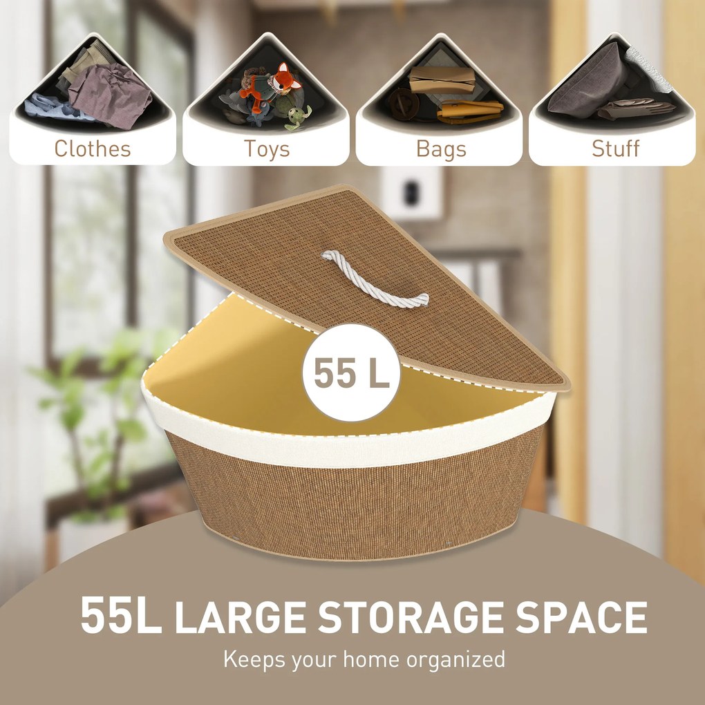 HOMCOM Kosz na pranie w kształcie narożnym z plecionki bambusa, 55 litrów, worek na ubrania, metalowa rama, Brązowy