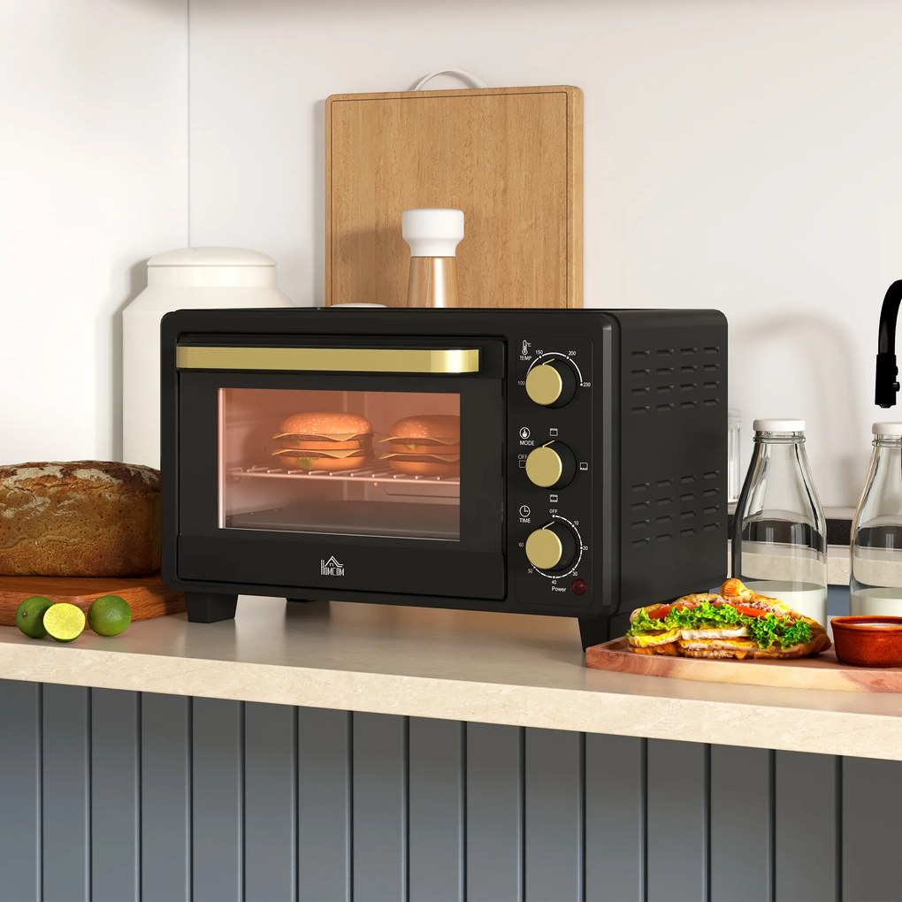 HOMCOM Minipiekarnik, Piecyk Toasterowy, Timer, Ruszt, Blacha do Pieczenia, Szkło Wglądowe, Metal, Czarny