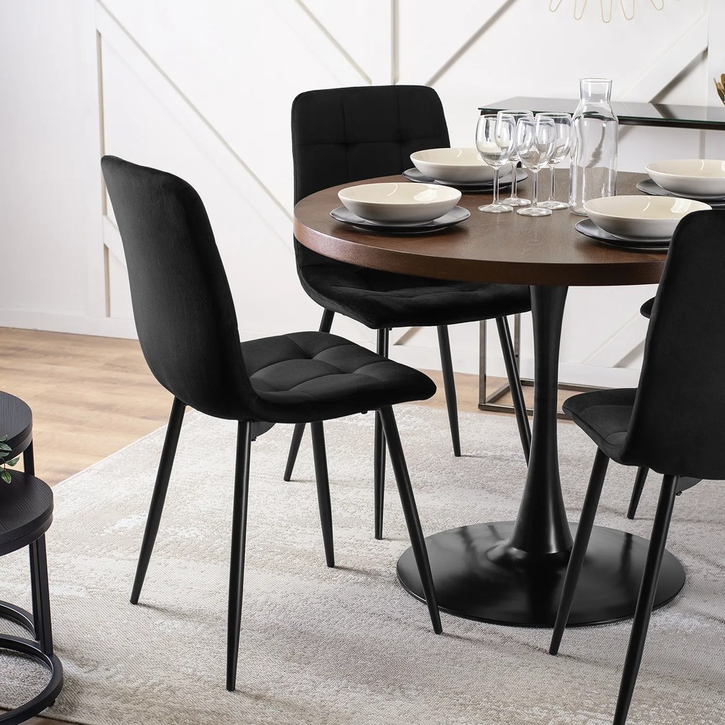 Zestaw Stół Okrągły LINO 100 cm Orzech/Czarny i 4 Krzesła Tapicerowane do Salonu PERU Czarne Welurowe Nowoczesne Loft