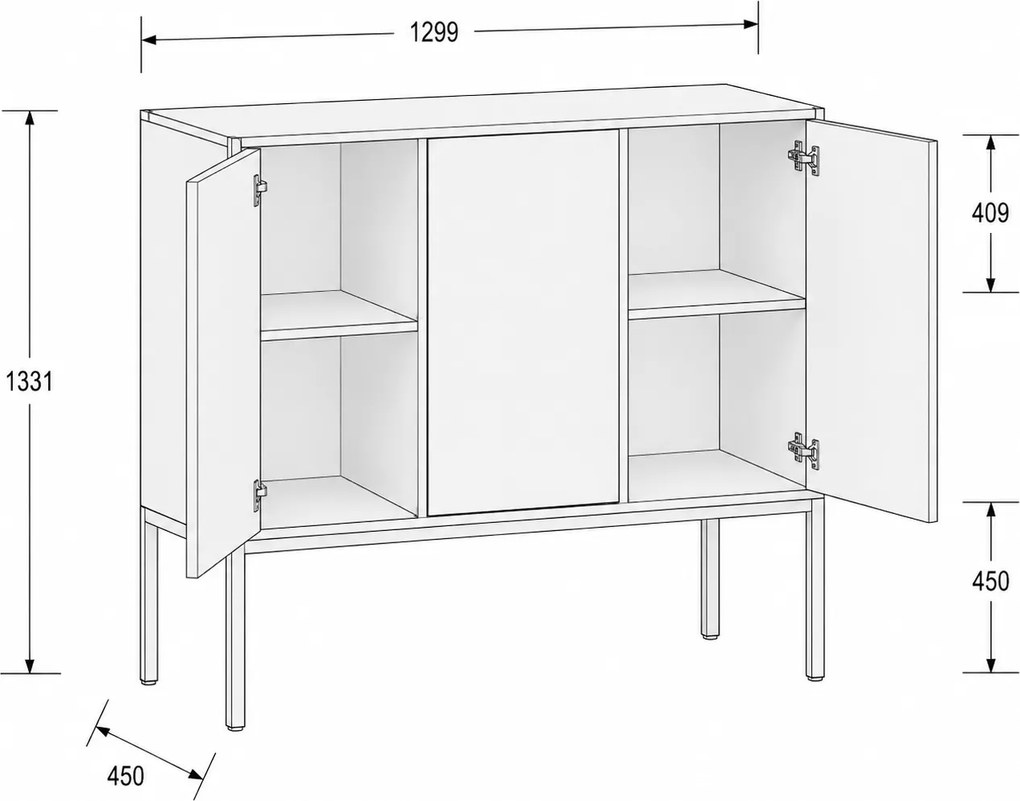 Szafa biurowa FRAME, niska, podstawa biała, 3 drzwi, 1299 x 450 x 1331 mm, PUSH-lock, biały