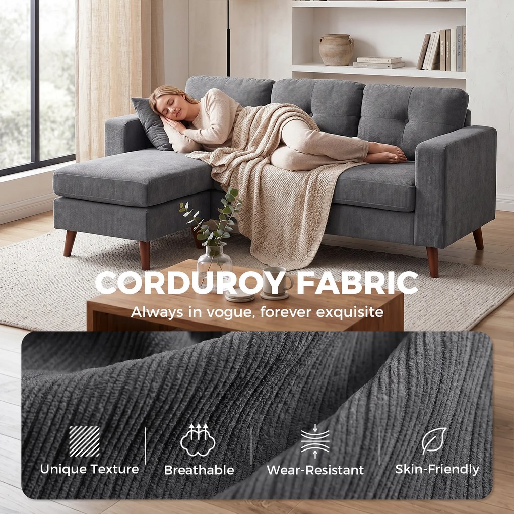 HOMCOM Sofa narożna 192 cm w kształcie L 3-osobowa z odwracalną szezlongą, wygląd sztruksu, do małego pomieszczenia, Ciemnoszary | Aosom PL
