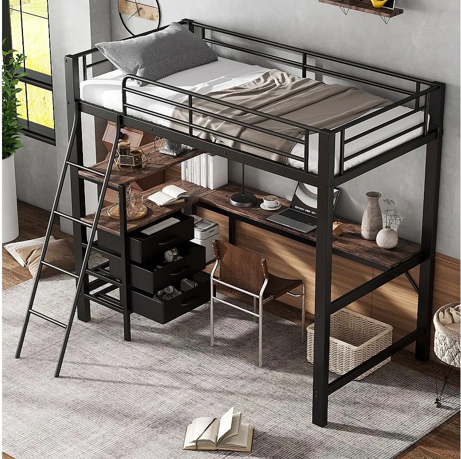 Łóżko piętrowe 90 x 200 cm z biurkiem narożnym, 3 szufladami i półkami - Metal + płyta wiórowa - Czarny i orzech (bez materaca)