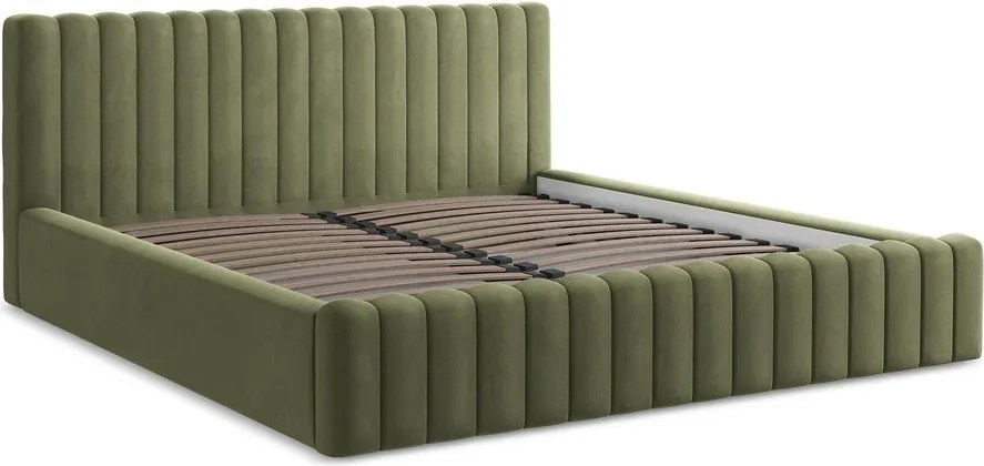 Zielone tapicerowane łóżko dwuosobowe ze schowkiem i stelażem 180x200 cm Lemi – Makamii