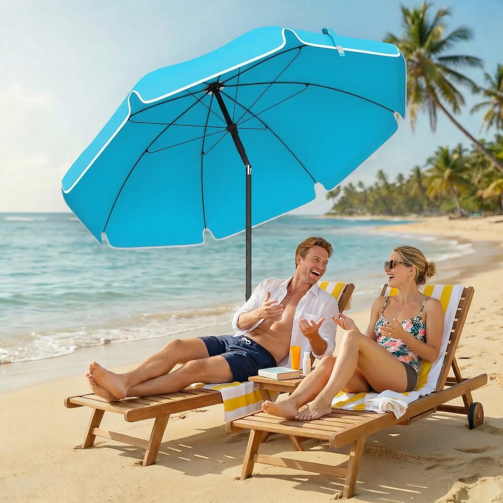 Outsunny Parasol plażowy Ø150 cm wodoodporny, składany parasol z kotwicą do piasku, regulowanym nachyleniem i torbą do przenoszenia, niebieski | Aosom PL