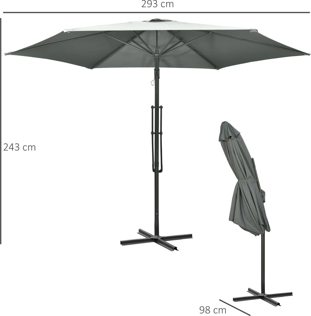 Outsunny Wiszący parasol Ø293 cm z bocznym uchwytem, krzyżową podstawą, wiatroodporny, wodoodporny, ciemnoszary | Aosom PL