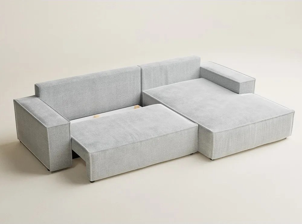 Jasnoszary rozkładany narożnik ze schowkiem z tkaniny szenilowej (prawostronny/z szezlongiem) Maze – Maison de Rêve