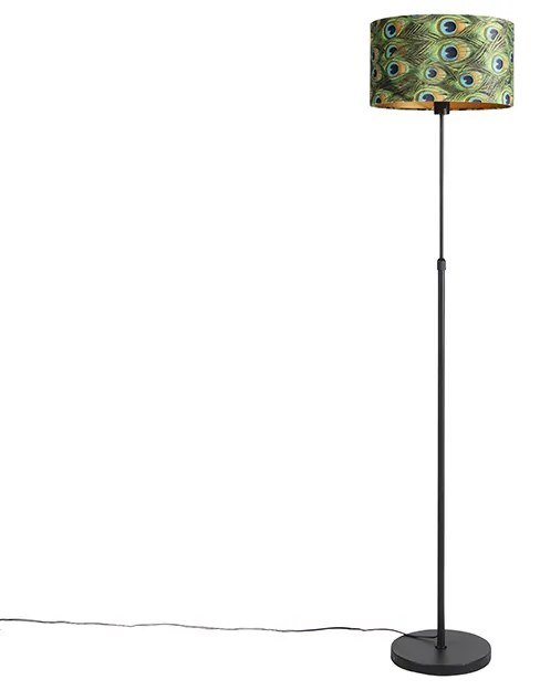 Czarna lampa podłogowa z aksamitnym abażurem w kolorze pawia z złotem 35 cm - Parte klasyczny/Antyczny Oswietlenie wewnetrzne
