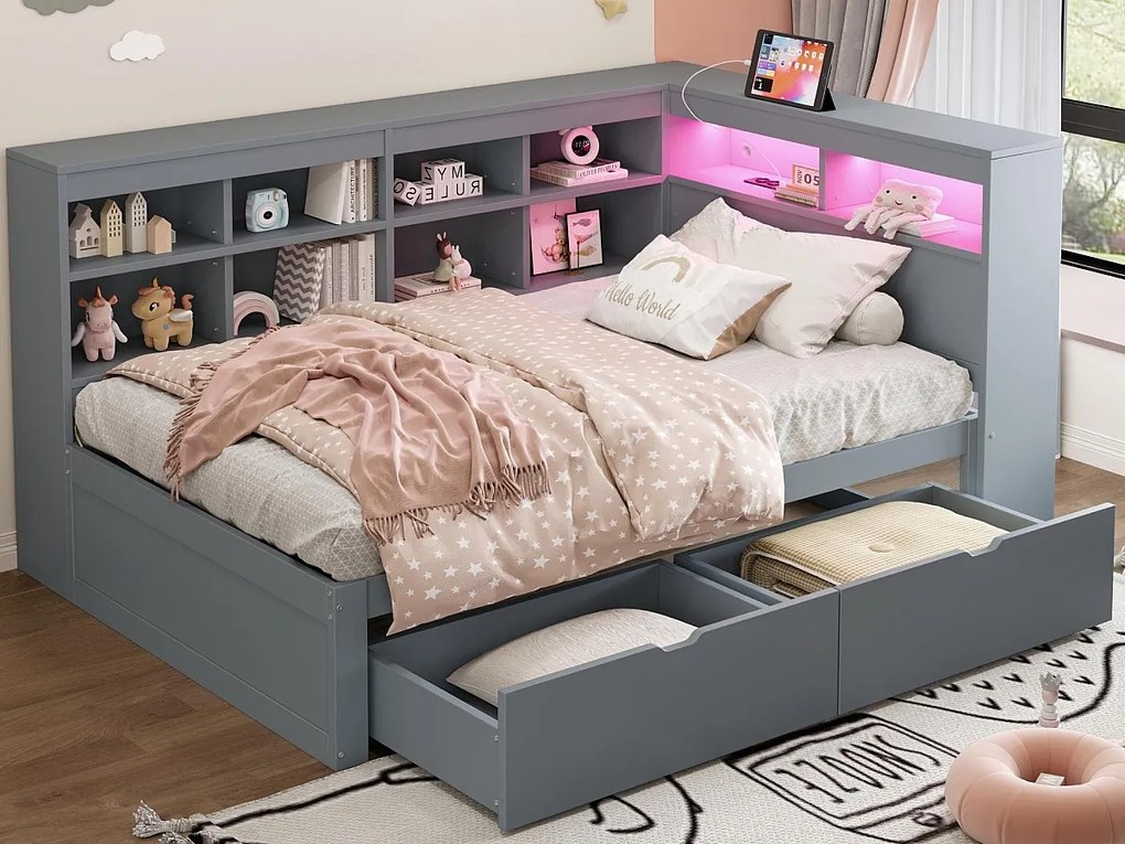 Kanapa z funkcją spania z litego drewna 90 x 200 cm - z schowkiem - z USB - z oświetleniem LED + z gniazdkiem - szara (bez materaca)