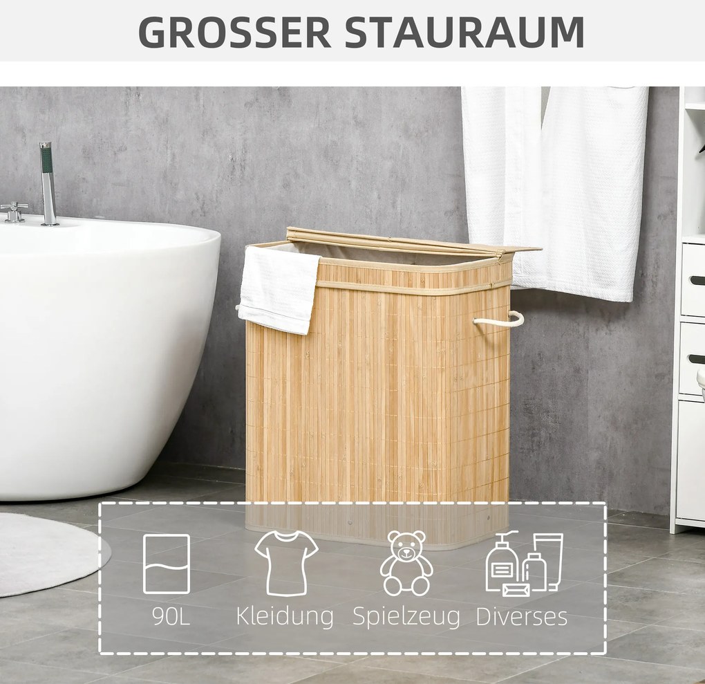 HOMCOM Składany kosz na pranie z bambusa, poręczny 90 L pojemnik na pranie z wyjmowanym wewnętrznym workiem i pokrywą