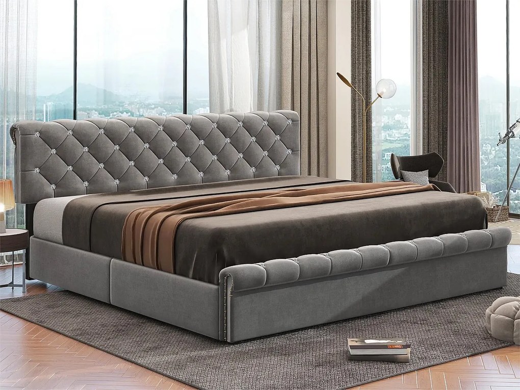 Łóżko z tapicerowanym stelażem 180x200cm - materiał aksamitny - regulowane wezgłowie - Szare