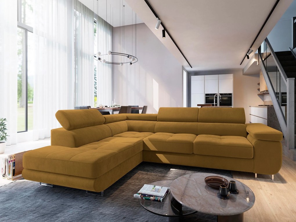 Masseno Narożnik SELVA z Funkcją Spania i Pojemnikiem na Pościel Narożnik L, Rozkładana sofa - Żółty, MONOLITH 48