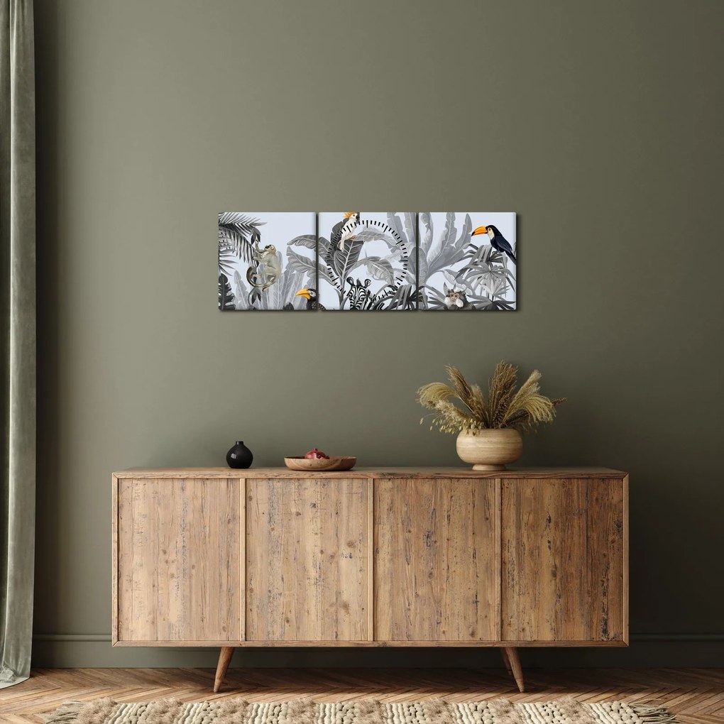 Obraz - Ilustrowana dżungla (z zegarem) (90x30 cm)