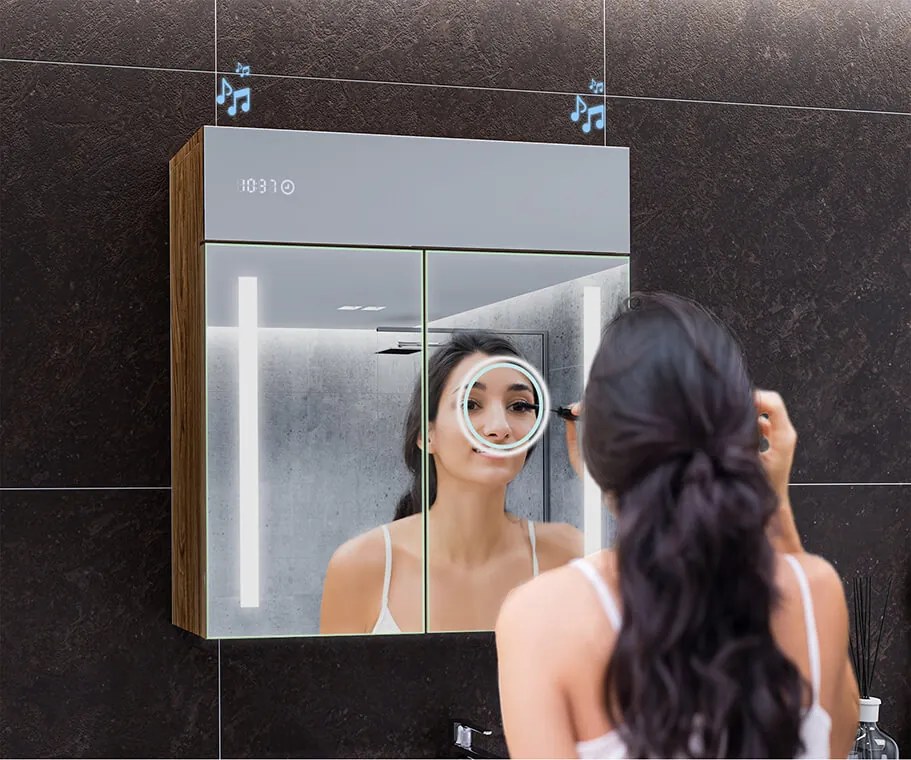 Szafka łazienkowa z lustrem podświetlanym LED - 66,5 x 72 cm z szklanymi półkami w kolorze Dąb Oslo, drewniana, marki Artforma