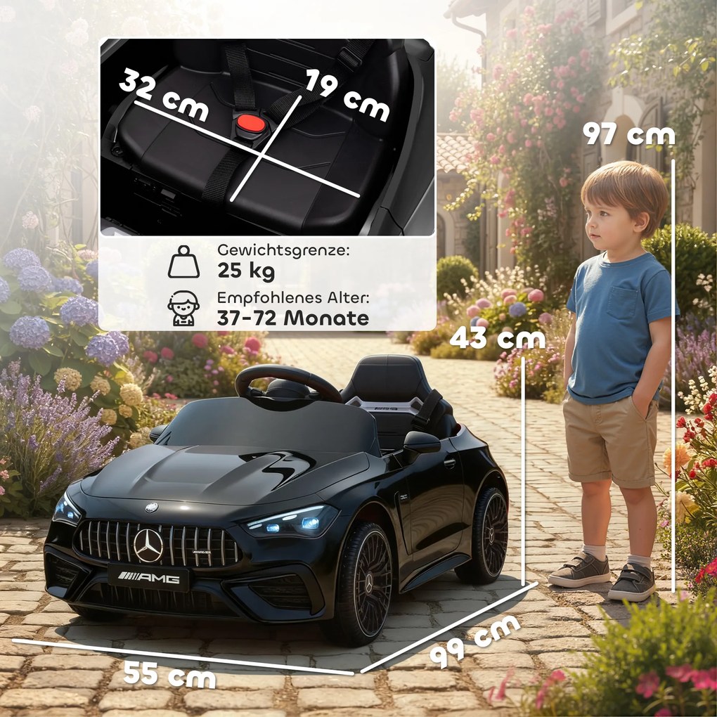 AIYAPLAY Elektryczny samochodzik dziecięcy, wzornictwo Mercedes, silniki 12V, pilot, światła LED, muzyka, dla dzieci 3-6 lat, Czarny
