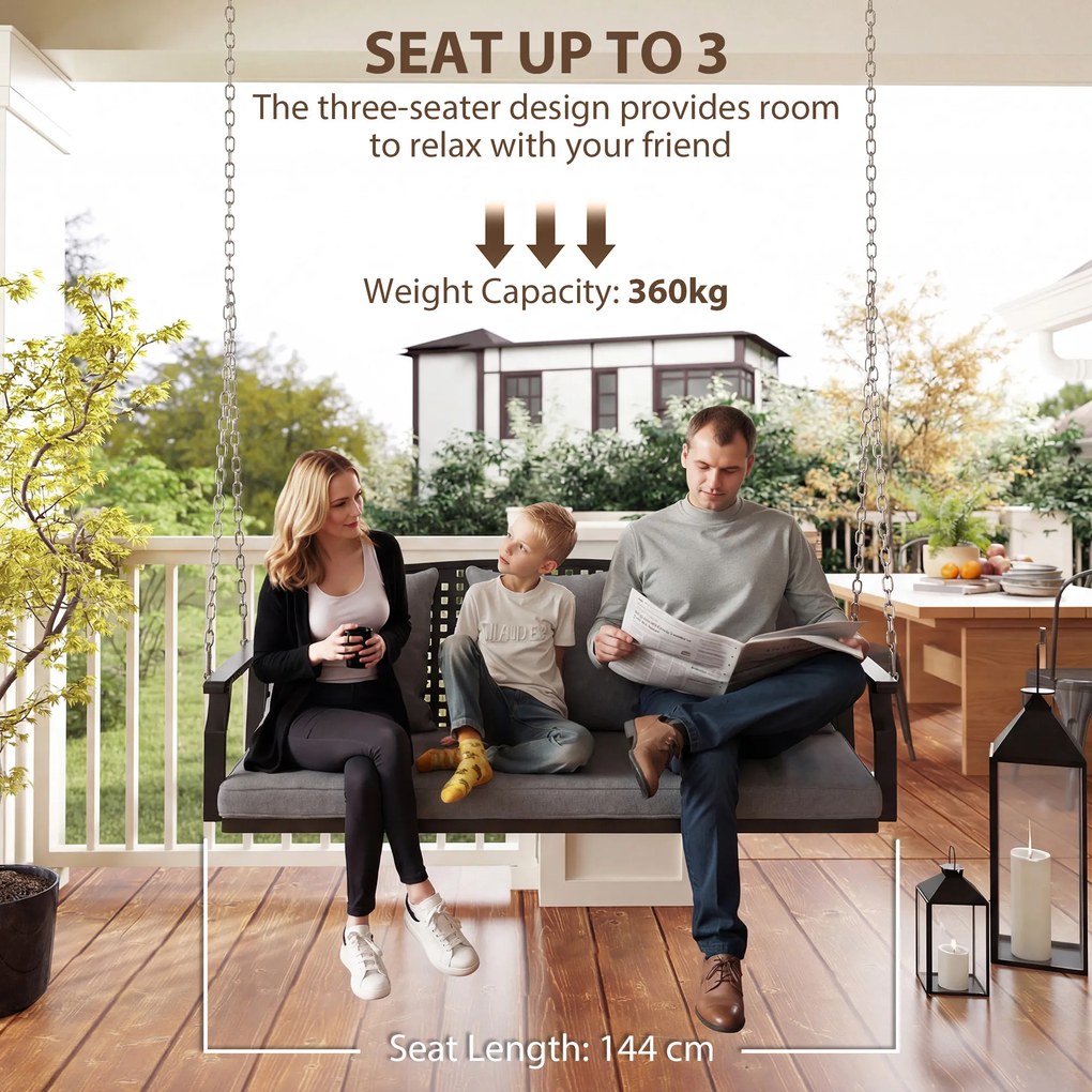 Outsunny 3-osobowa huśtawka na werandę, huśtawka ogrodowa z 3 poduszkami na oparcie, poduszką na siedzenie i zestawem do zawieszenia, szara | Aosom PL