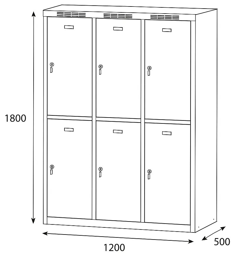 Alfa 3 Szafka skrytkowa, 6 schowków, 1800 x 1200 x 500 mm, zamek obrotowy, drzwi czerwone