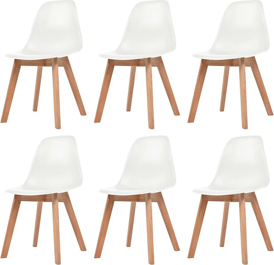 Zestaw 6 białych krzeseł jadalnianych z tworzywa sztucznego z masowymi nogami drewnianymi