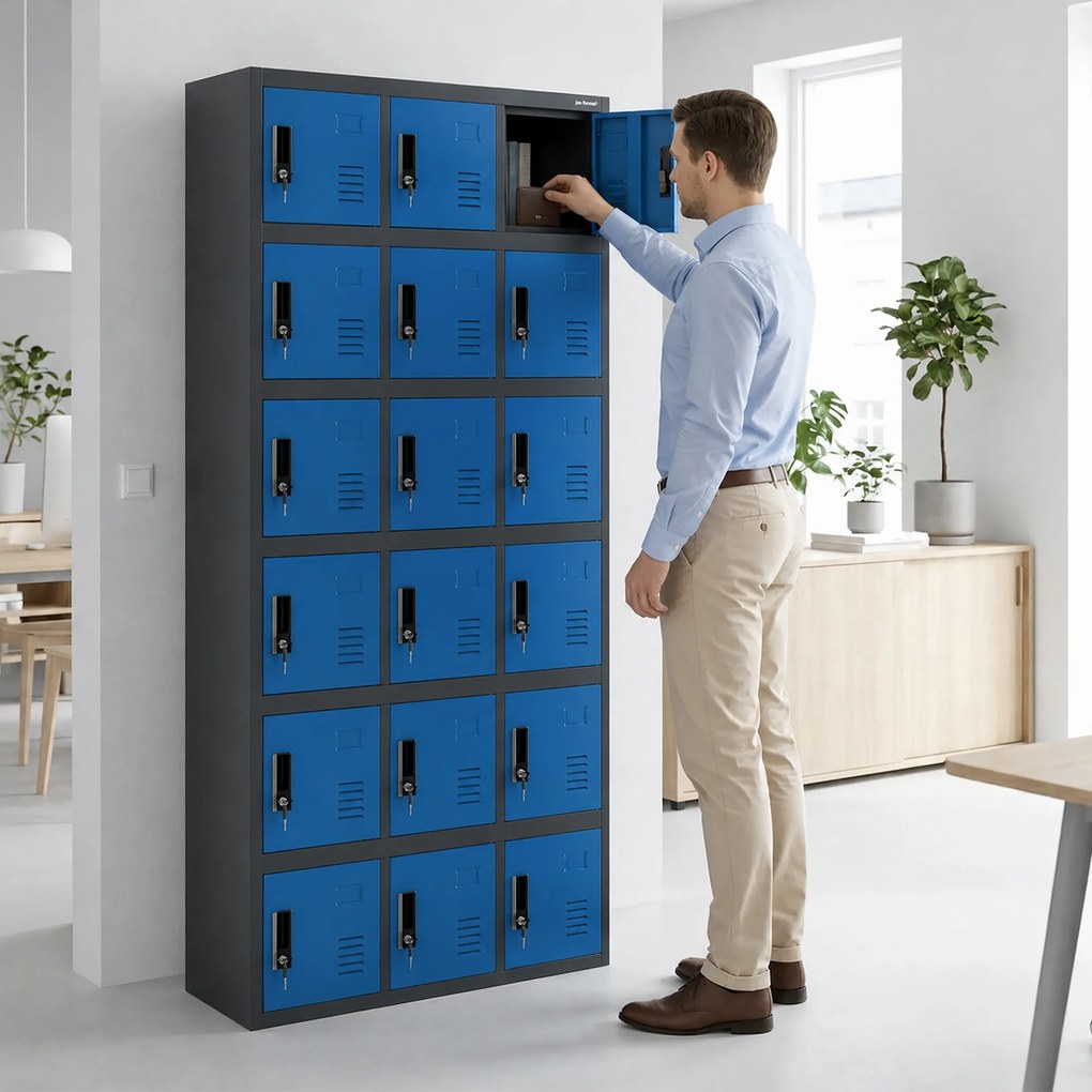 Szafka pracownicza skrytkowa 18-skrytkowa antracytowo-niebieska, 900x1850x400 mm: KAROL