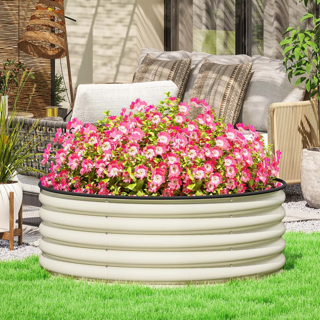 Outsunny Ogrodowe Łóżko Podwyższone, Ocynkowana Skrzynka do Sadzenia z Bezpiecznym Randem, 120 x 120 x 43 cm, Kremowy Biały