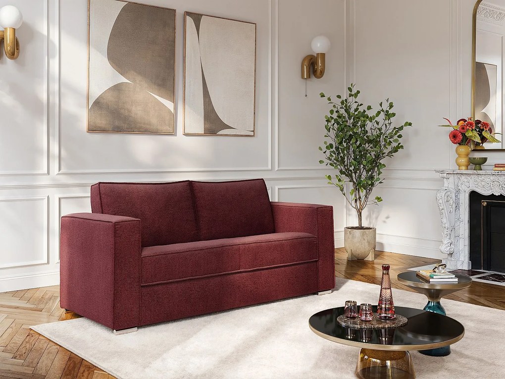 Kanapa 3-osobowa rozkładana typu express z tkaniny szenilowej w kolorze bordowym - Powierzchnia spania 140 cm - Materac 22 cm z pamięcią kształtu LORETO