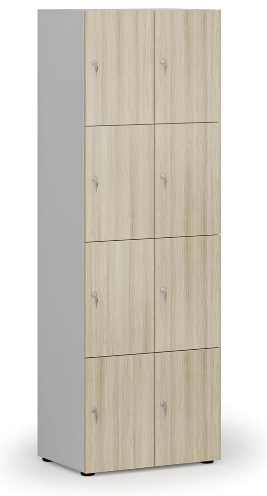 Drewniana szafka skrytkowa S4, 8 schowków, demontaż, zamek cylindryczny, szary/dąb naturalny