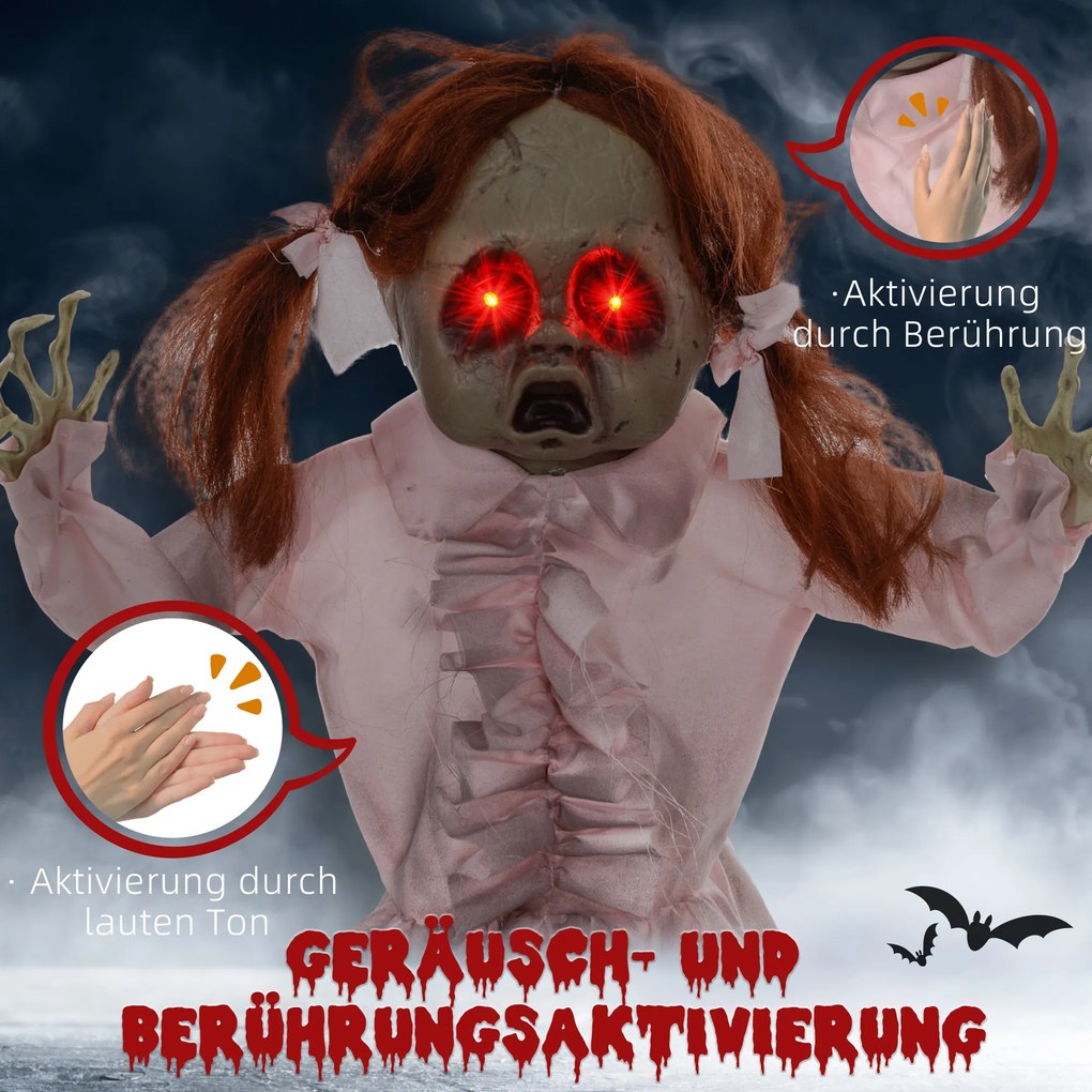 HOMCOM Lalka Horror, Dekoracja Helloween, aktywowana dźwiękiem/dotykiem, czerwone oczy, dźwięk, 76 cm