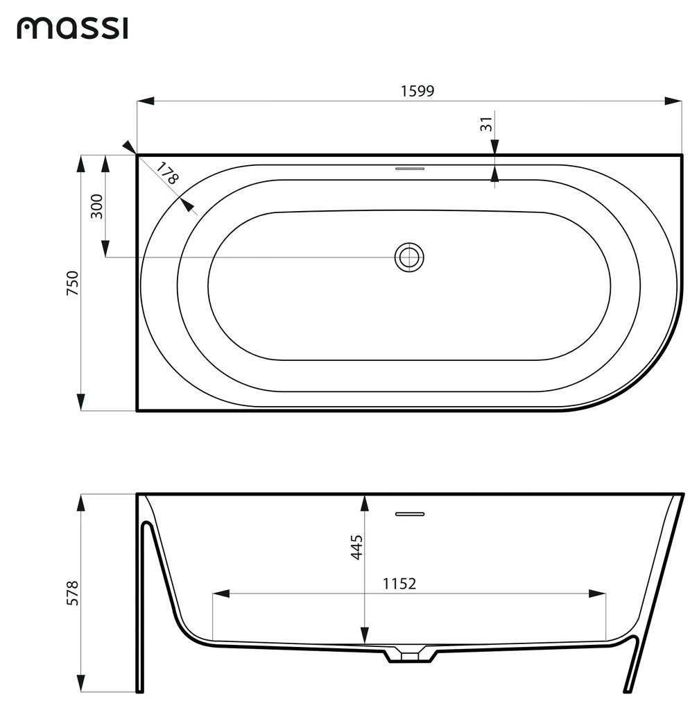 Wanna wolnostojąca narożna WALL White Glow / Matt lewa z konglomeratu biała błyszcząca/matowa 160 x 75 cm z przelewem typu SLIM : Kolor wanny - Beż połysk