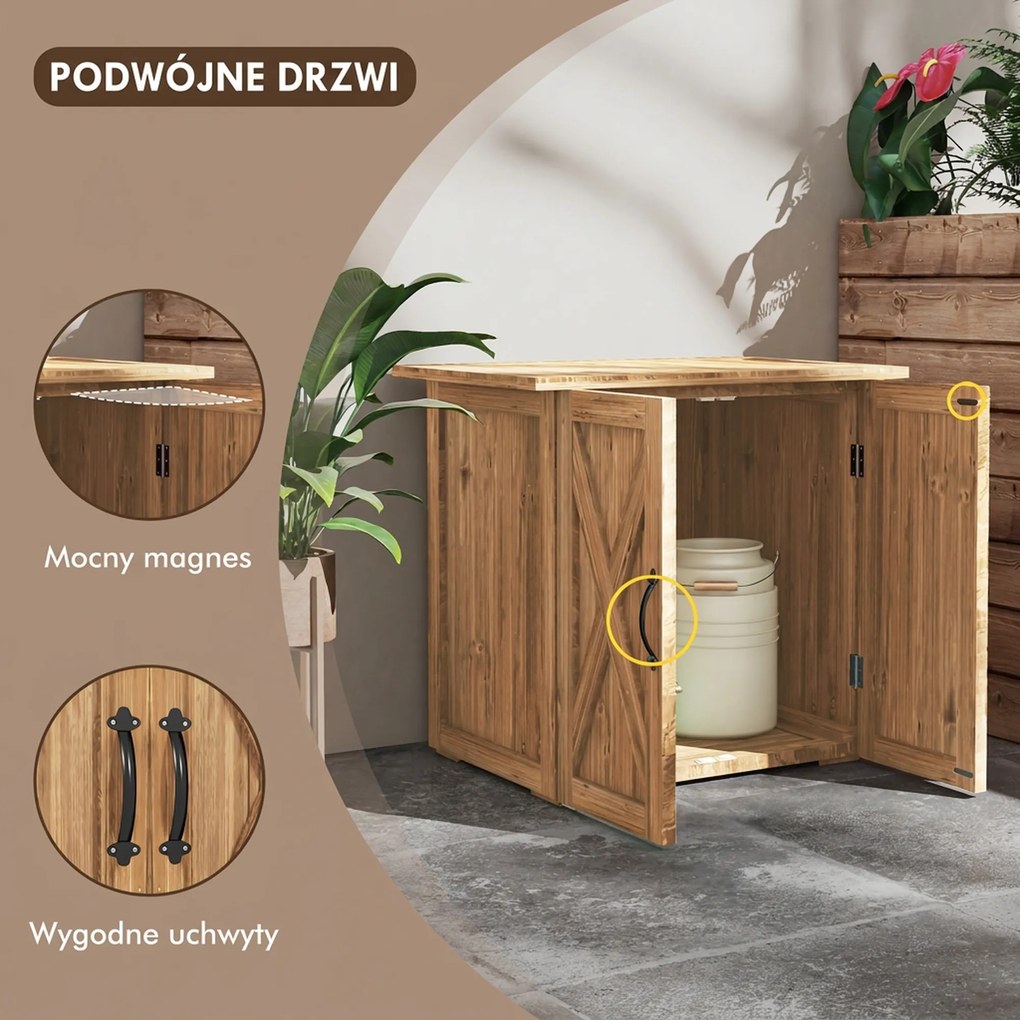 Outsunny Szafka na Narzędzia Ogrodowe z Podwójnymi Drzwiami, Zamknięcie Magnetyczne, Odporna na Warunki Pogodowe, Drewno Naturalne, 77S x 55G x 72W cm, Brązowy