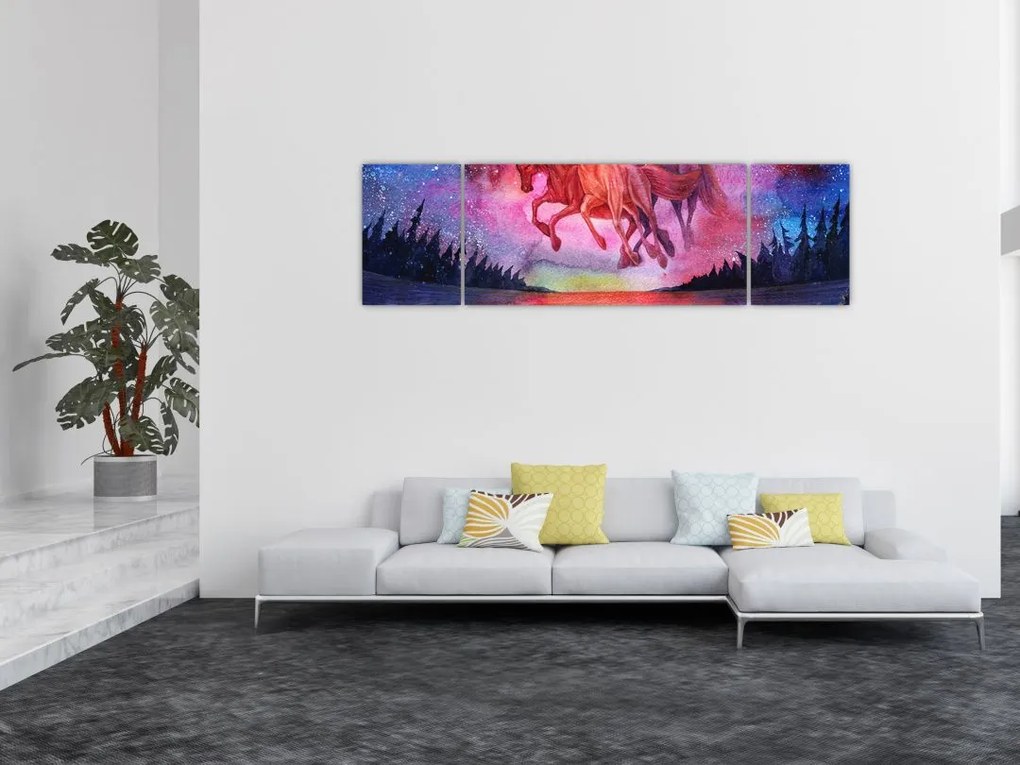 Obraz - Pojawienie się kosmicznych koni nad jeziorem, akwarela (170x50 cm)