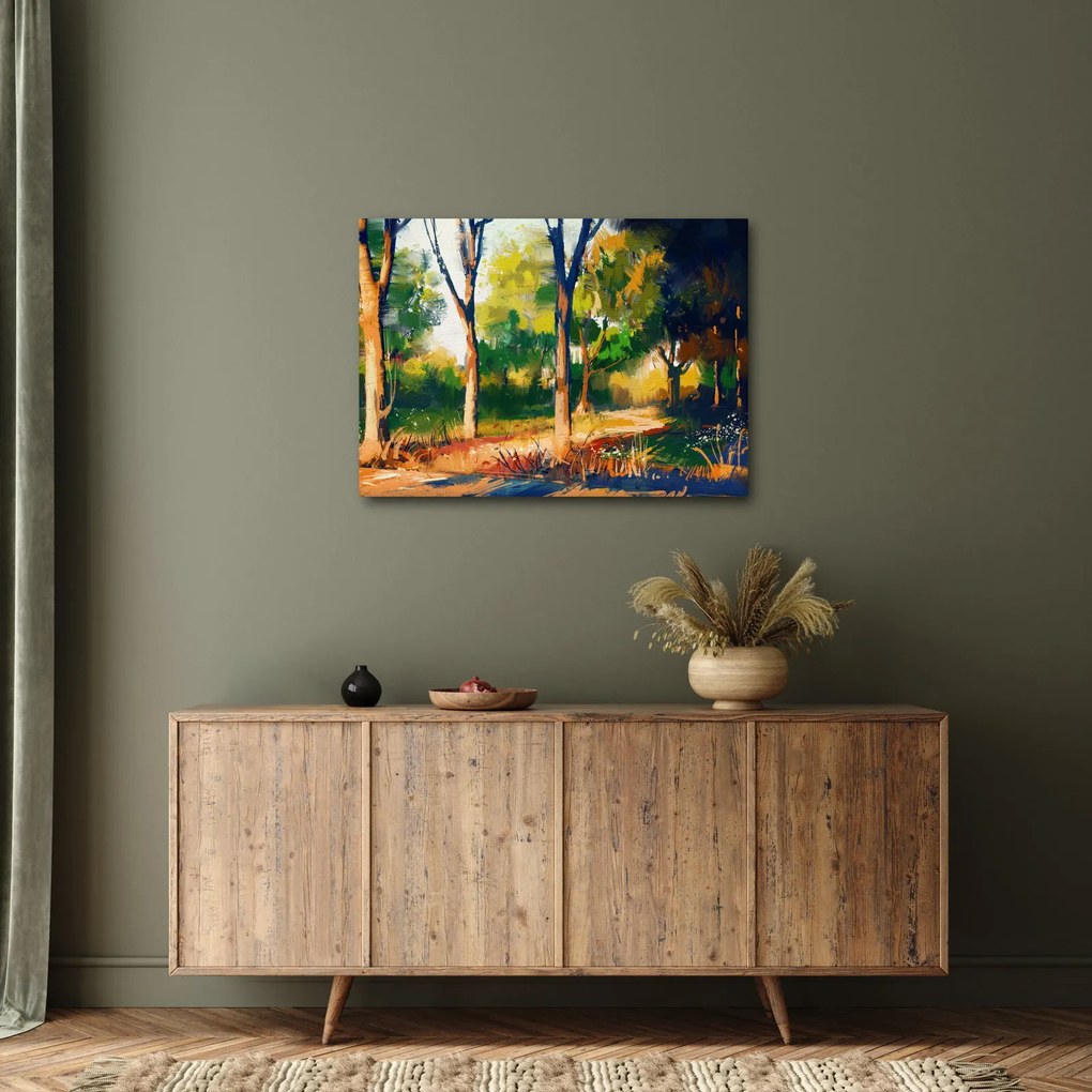 Obraz lasu w letnim słońcu, malarstwo (70x50 cm)