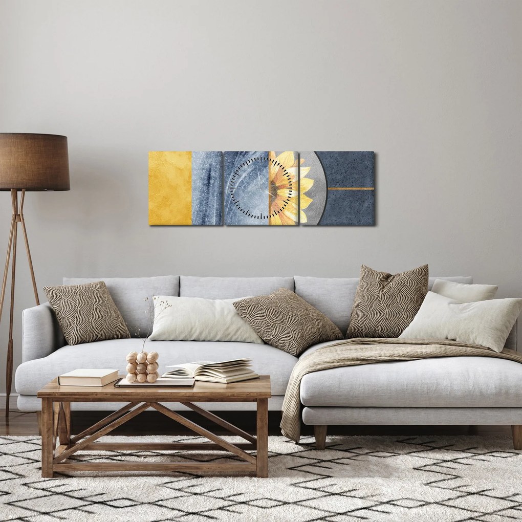Obraz - Kształty i kwiat (z zegarem) (90x30 cm)