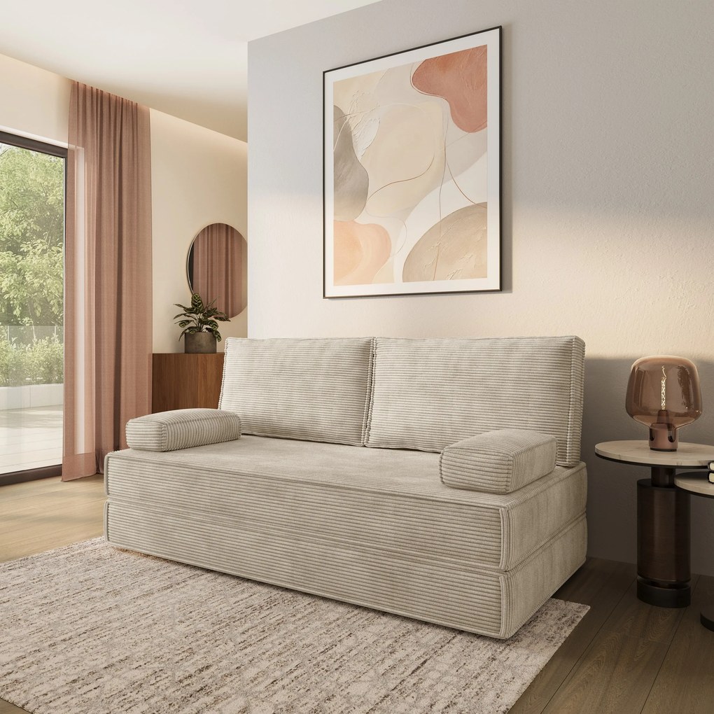 Masseno Sofa piankowa SILAR z funkcją spania, Kanapa z pianki do salonu, Bezmontażowa, Tkanina sztruksowa – Kremowy POSO 100