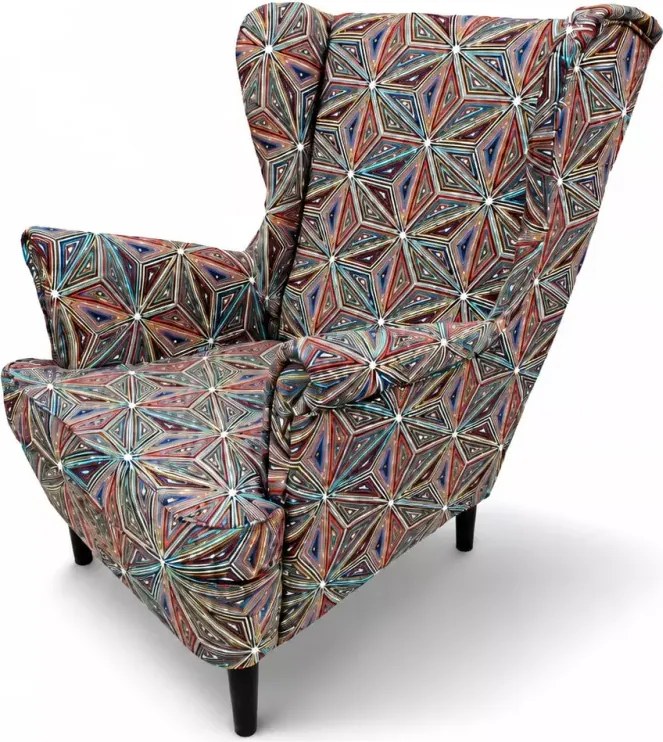 Tapicerowany fotel uszak Malawi w geometryczne wzory
