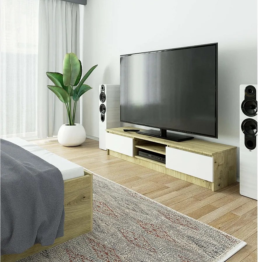 Szafka RTV AKORD Dąb Artisan 160 cm 2 drzwi kolor Biały mat 2 półki 160x40x33 cm