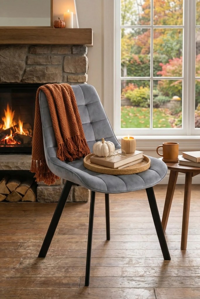 Szare tapicerowane pikowane krzesło z weluru K7-M85