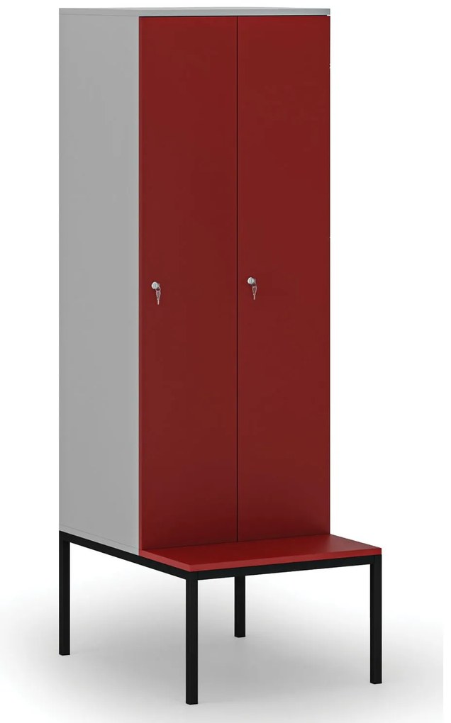 Drewniana szafa ubraniowa z ławką, 2-drzwiowa, 1871 x 600 x 500/800 mm, demontaż, zamek cylindryczny, szary/czerwony
