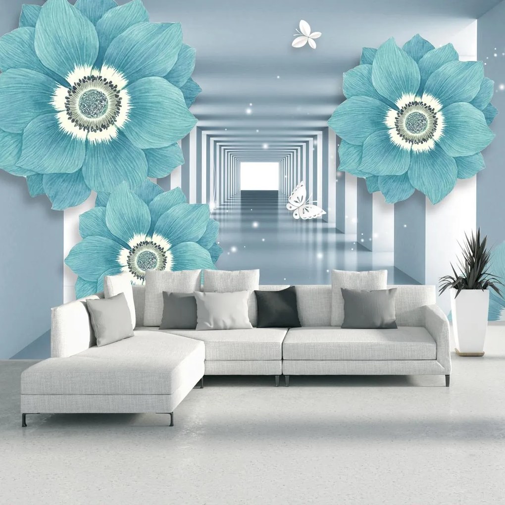 Fototapeta - Kwiaty 3D z motylami (196x136 cm)