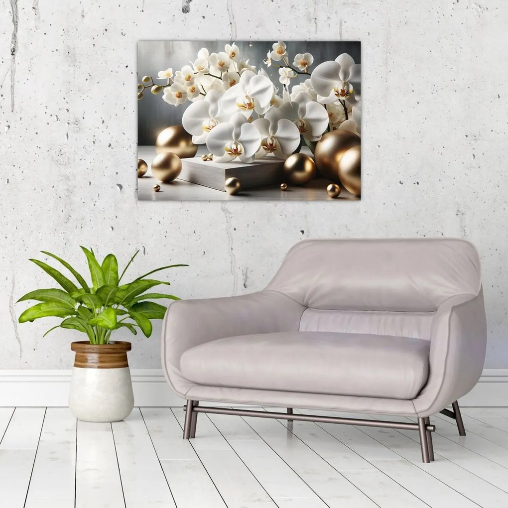 Obraz na szkle - Orchidea i złote kule (70x50 cm)