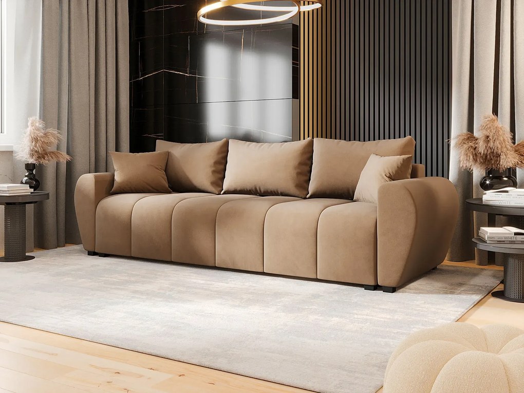 Jasnobrązowa welurowa sofa rozkładana z pojemnikiem B3-M33