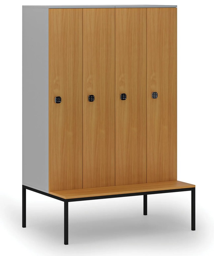 Drewniana szafa ubraniowa S4 z ławką, 4-drzwiowa, 1871 x 1200 x 500/800 mm, demontaż, zamek kodowy, szary/buk