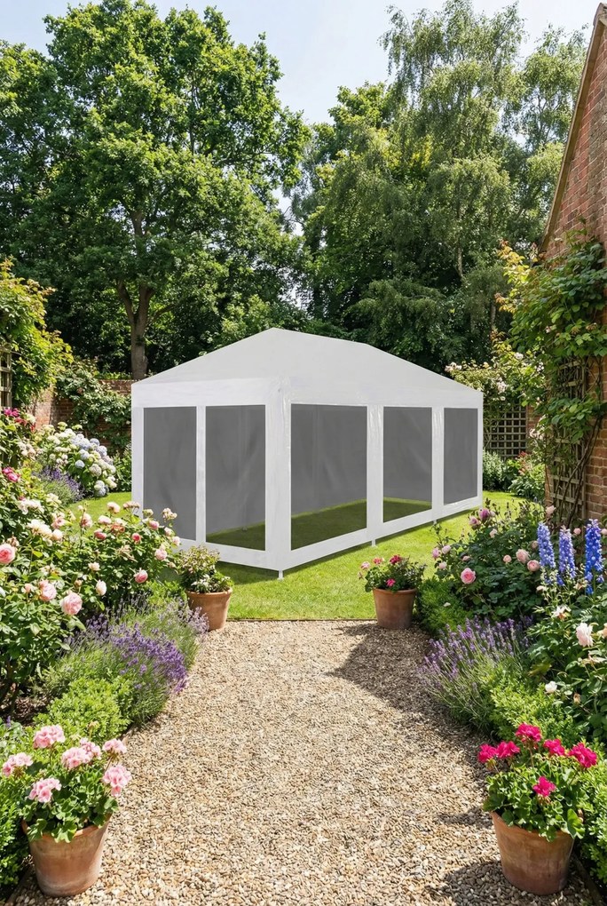 Biały namiot ogrodowy z siatkowymi ściankami K6-B35