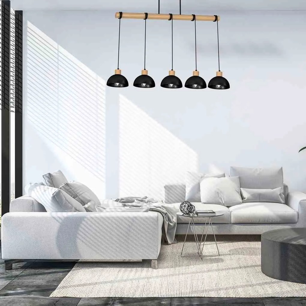 Lampa wisząca, czarna, drewno, 5 kloszy ERIK Black/Wood 5xE27