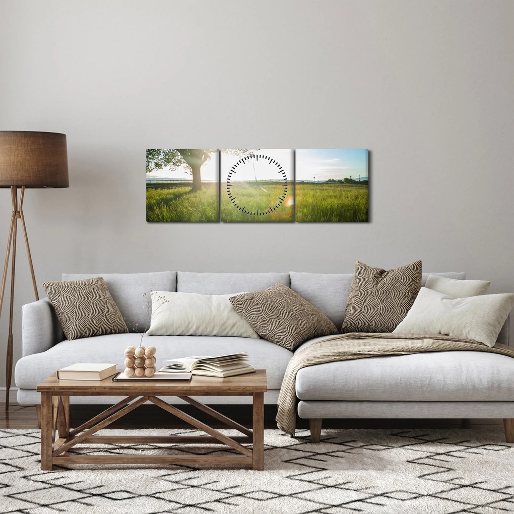 Obraz letniej łąki (z zegarem) (90x30 cm)
