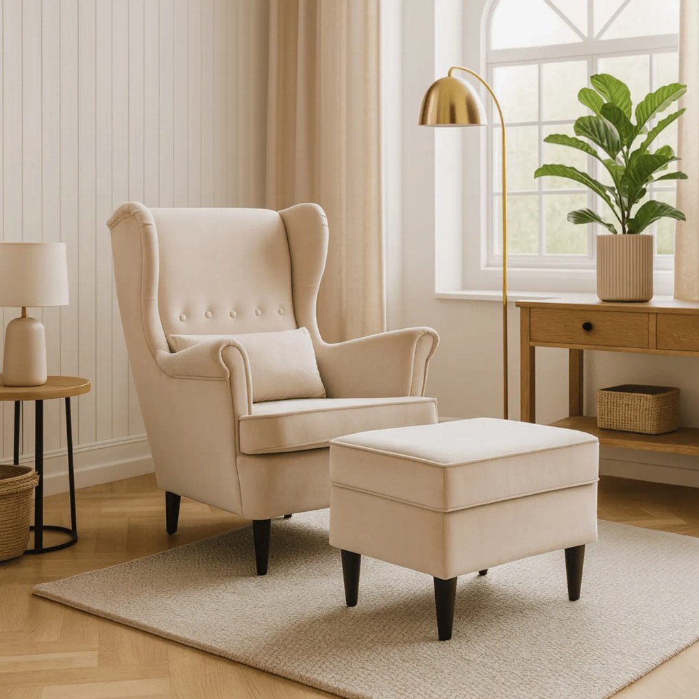 Fotel Wypoczynkowy Uszak EVAN 2 z Podnóżkiem Beżowy Welurowy Nowoczesny