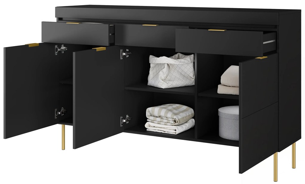Komoda trzydrzwiowa Sentia 157 z trzema szufladami - czarny / złoty