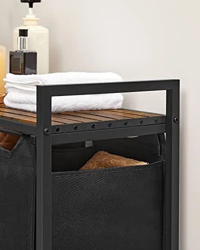 Kosz na bieliznę z półką BERGEN, 3x38l, czarny/brązowy SongmicsHome