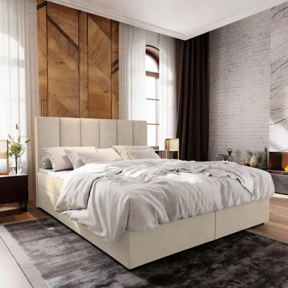 Tapicerowane łóżko boxspring MERALIS 180x200 cm beżowe Materac: Materac sprężynowy Bonell