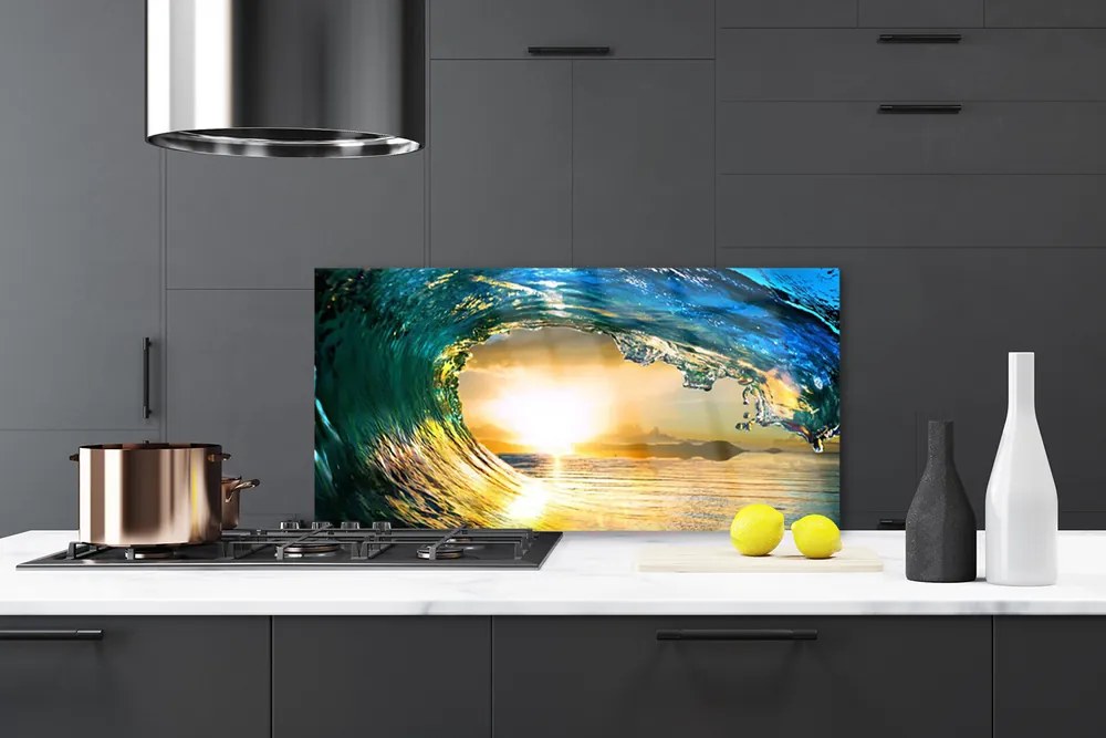 Panel Szklany do Kuchni Zachód Słońca Nad Morską Falą