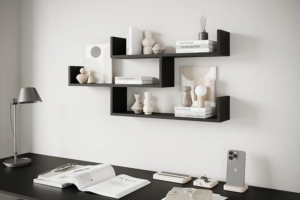 Trzypoziomowa półka wisząca, nowoczesna półka ścienna do salonu, 119 cm czarny mat