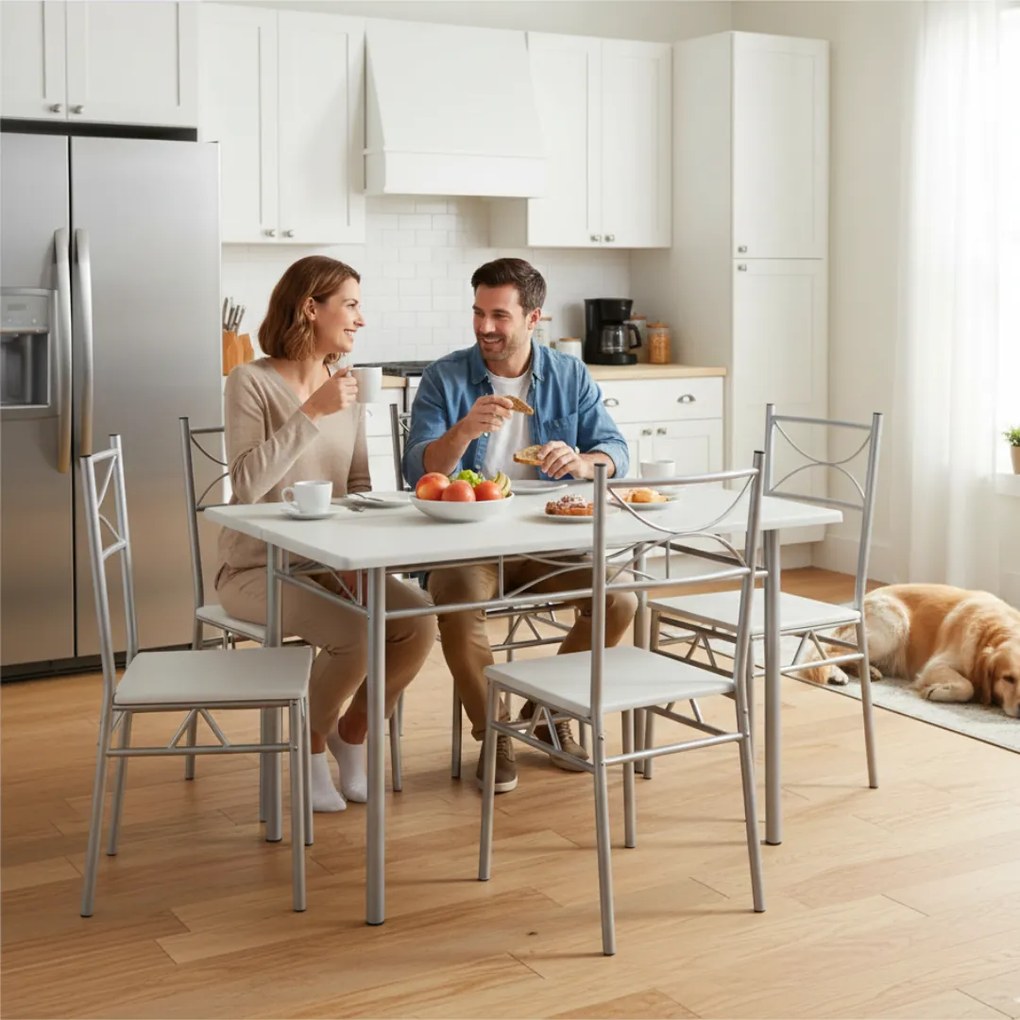 Zestaw jadalniany PAUL, 5 części, aksamitnie biała Jurhan